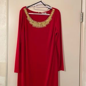 Red Calvin Klein Red long sleeve Dress with Golden neckline, size 14